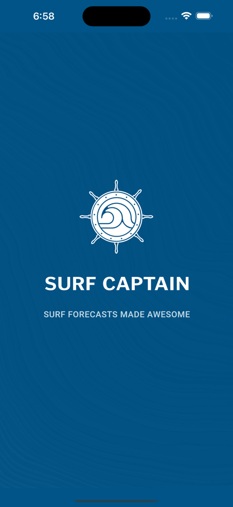 Surf Captain - Surf Captain app splash screen with white nautical wheel logo and wave on a blue background