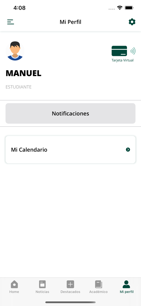 Pantalla de perfil de usuario de la app UNED que muestra el nombre del estudiante, carné de identidad virtual y enlaces a notificaciones y calendario académico