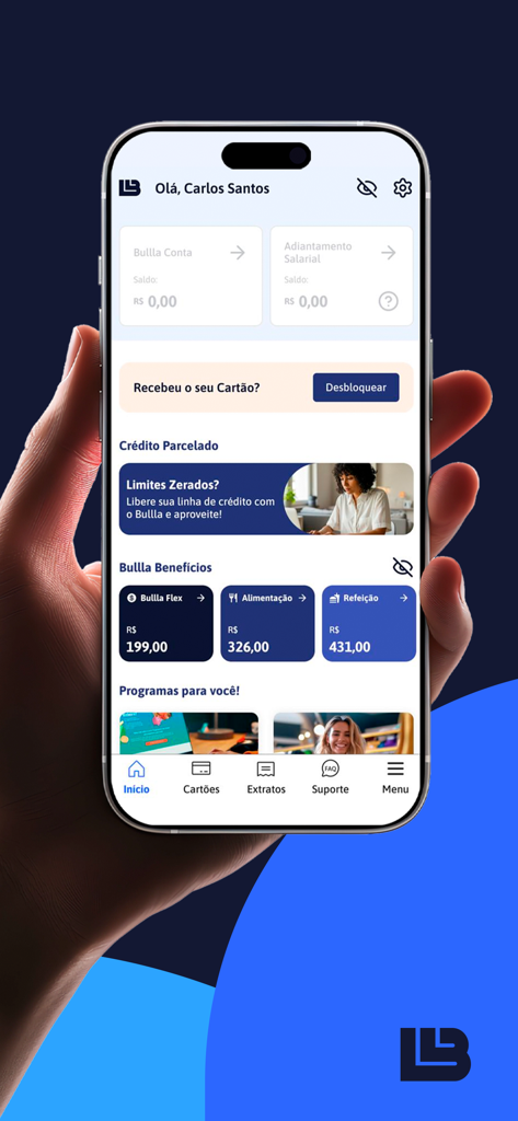 Écran de smartphone affichant le tableau de bord de l'application Bullla avec des informations sur l'avance sur salaire et les avantages
