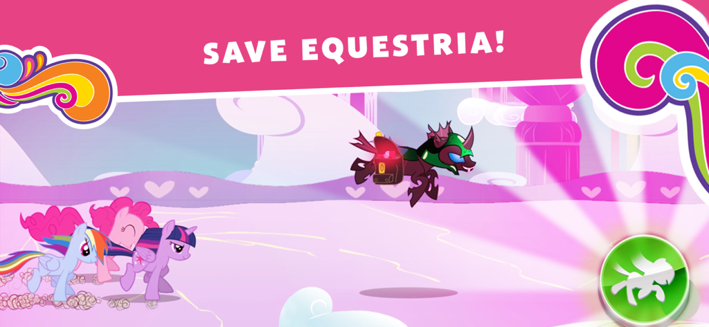 My Little Pony: Harmony Quest - Rainbow Dash, Pinkie Pie e Twilight Sparkle perseguindo um lacaio maligno no jogo móvel My Little Pony Harmony Quest