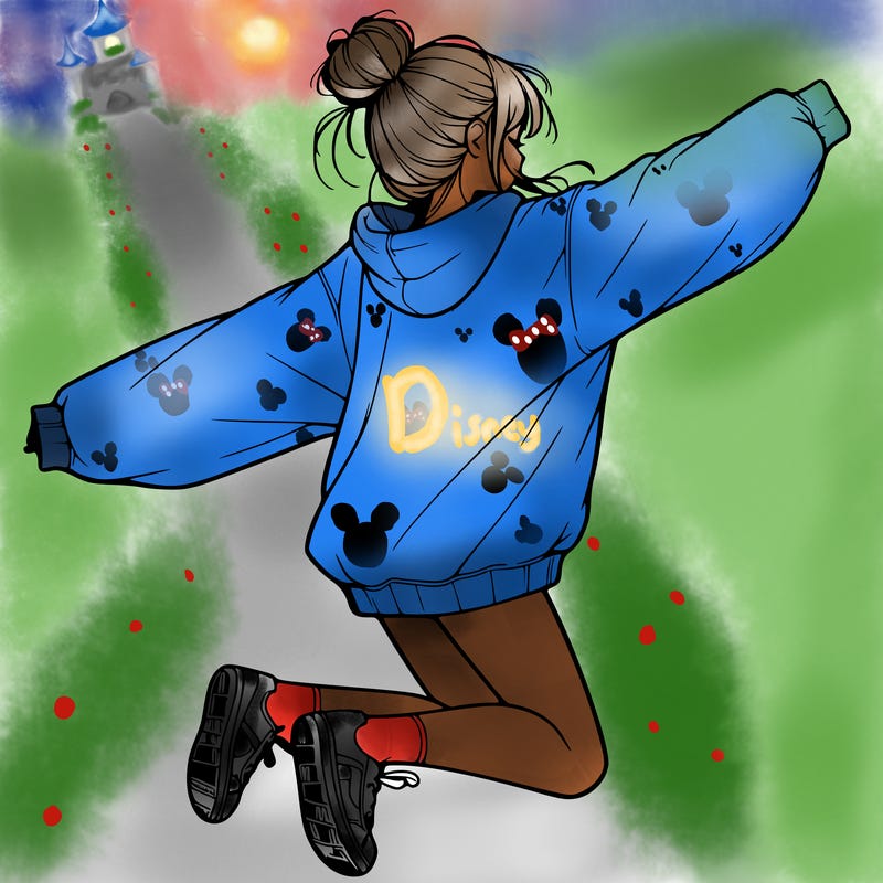 realistic girl jumping with a bun and oversized sweatshirt