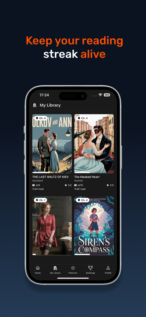 ReadBLOOM: Book Reader - iPhone screen displaying the ReadBLOOM app library with book covers and a prompt to keep reading streaks alive