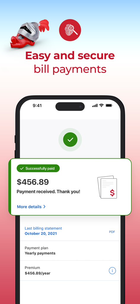 A mobile screen showing a successful insurance bill payment confirmation with a secure payment message