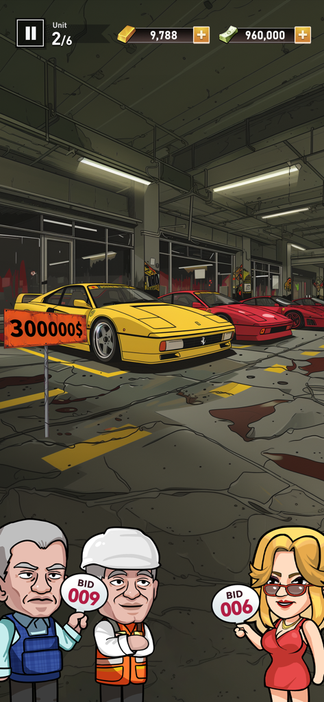 Bid Master - Cartoon characters using paddles to bid on luxury sports cars in a warehouse auction in the Bid Master game.