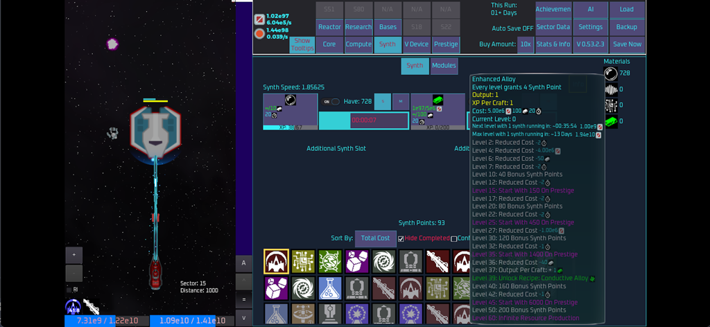 Unnamed Space Idle - Gameplay screenshot of Unnamed Space Idle showing spaceship combat and the synth system menu for crafting upgrades