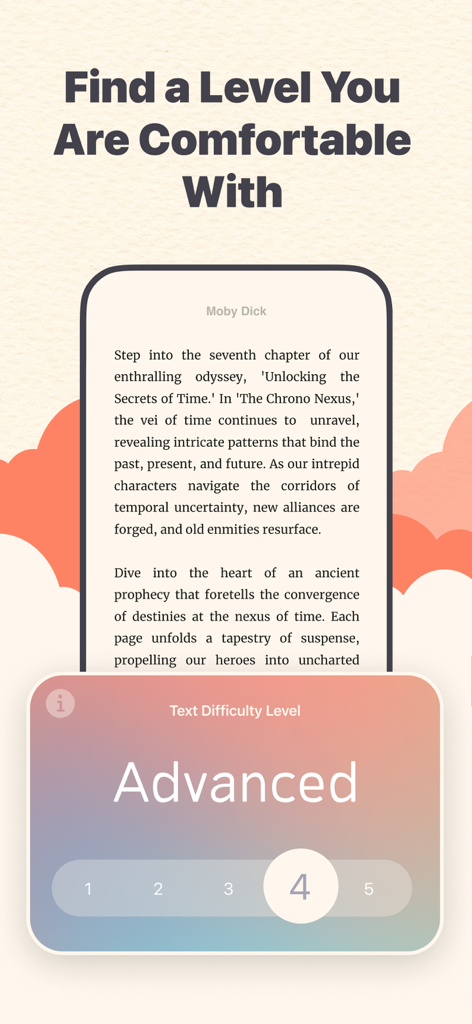 Magibook: Reading & Audiobooks - Magibook app showing the text difficulty level selector set to advanced for Moby Dick.