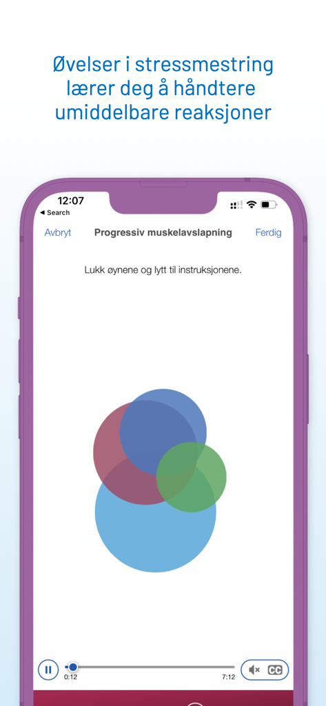 SMART - verktøykasse fra RVTS - Smartphone-Bildschirm, der eine progressive Muskelentspannungsübung mit Audio-Wiedergabesteuerung in der SMART-Stressmanagement-App zeigt