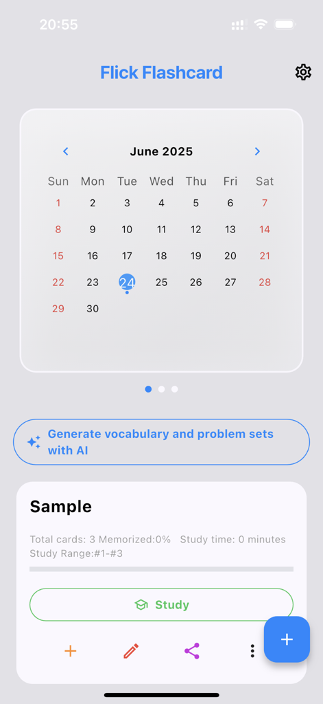 Interface do aplicativo Flick Flashcard mostrando um calendário de estudos e um botão gerador de vocabulário com IA.