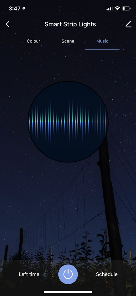 Maxim Smart app interface showing music synchronization mode for smart strip lights