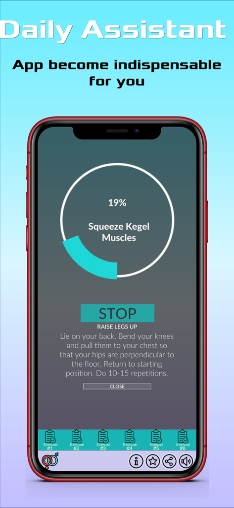 ケーゲル体操アプリのスクリーンショット。骨盤底筋トレーニングの指示と進捗状況の追跡が表示されています。