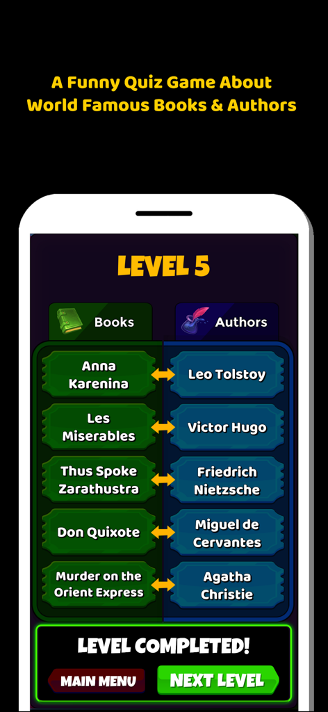 세계적으로 유명한 책과 작가를 매칭한 책과 문학 퀴즈 게임의 완료된 레벨.