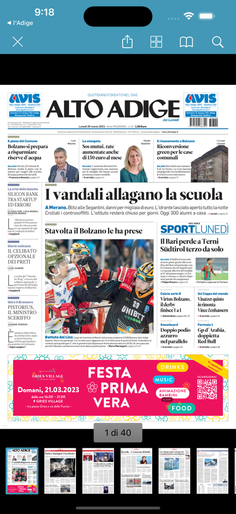 Alto Adige quotidiano - Captura de pantalla móvil que muestra la portada del periódico digital Alto Adige con noticias regionales y deportes