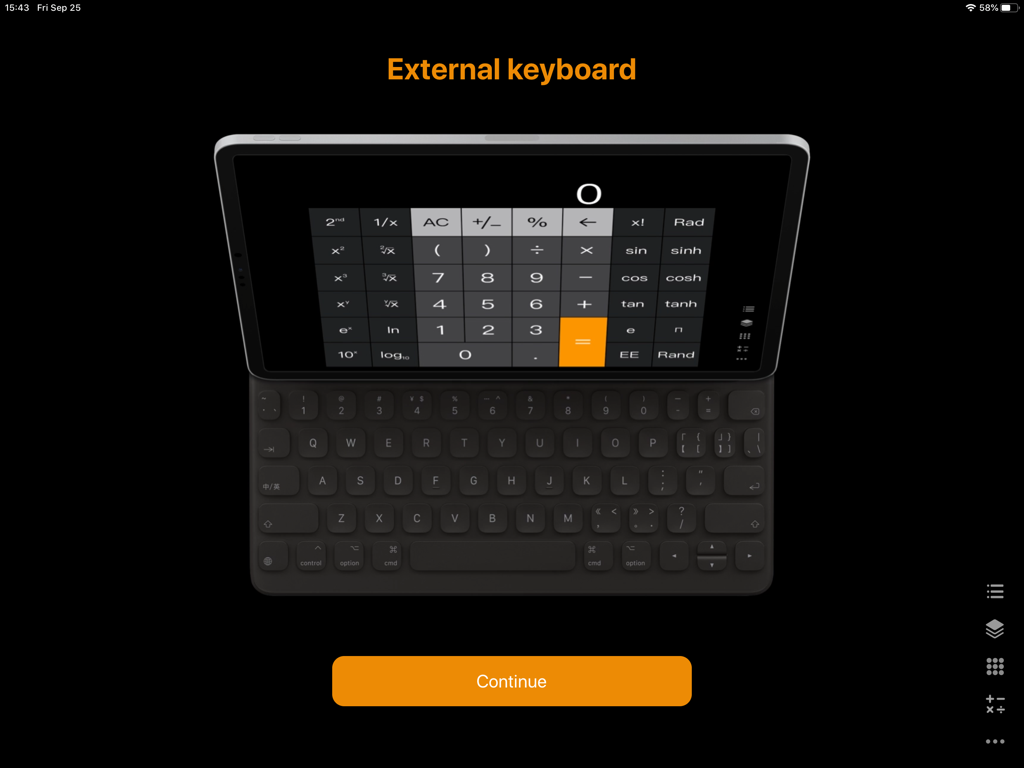 Calculator for iPad plus app shown on an iPad with an external keyboard