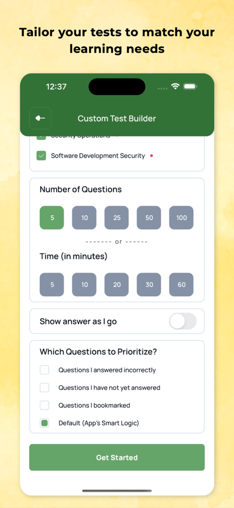 Interface of the Custom Test Builder in the ISC2 Official app allowing users to tailor practice exams.