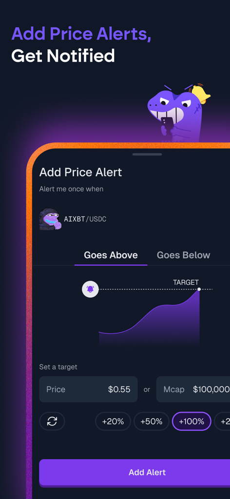 Mobile app interface for setting a cryptocurrency price alert on GeckoTerminal