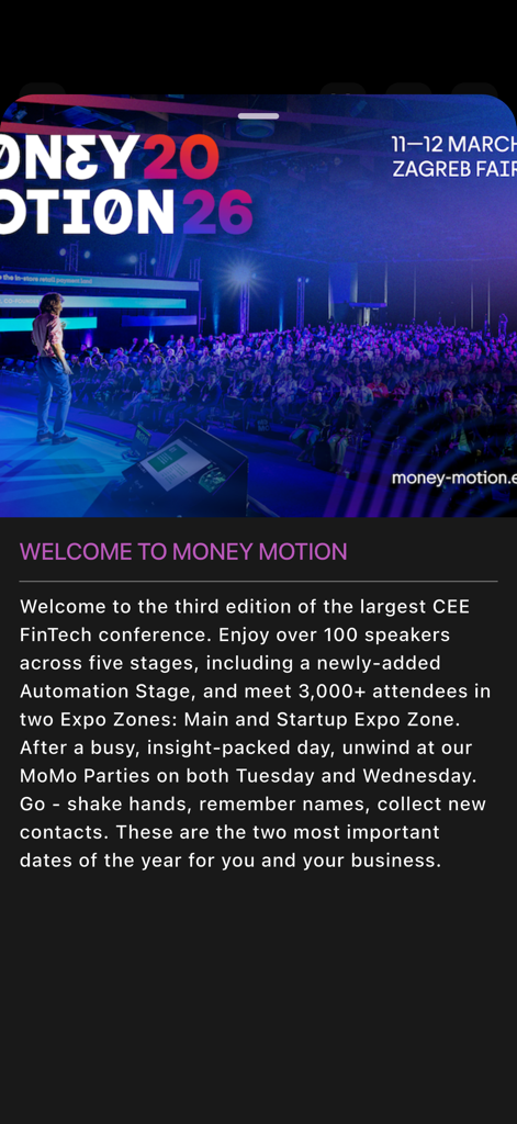 Money Motion Events - Welcome screen for the Money Motion FinTech conference app showing a packed event hall and stage