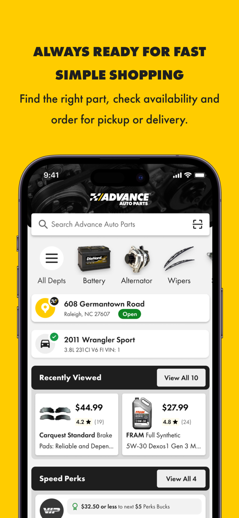 Advance Auto Parts mobile app interface for finding and ordering car parts