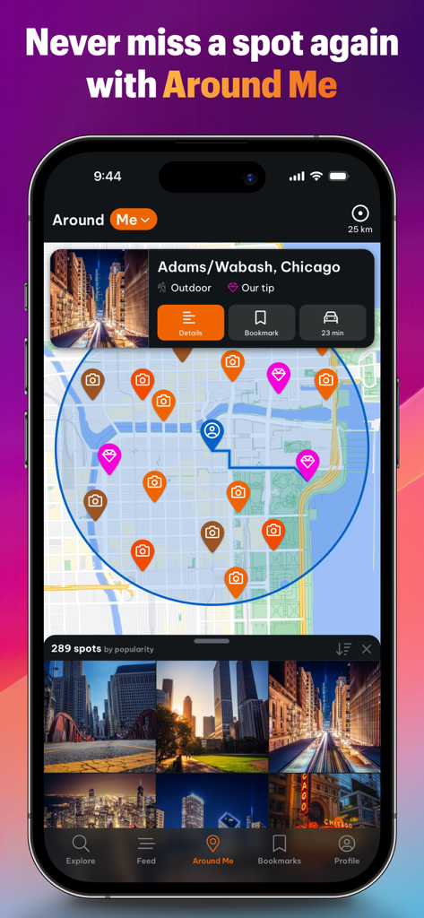 Locationscout app interface showing photography spots on a map in Chicago using the Around Me feature