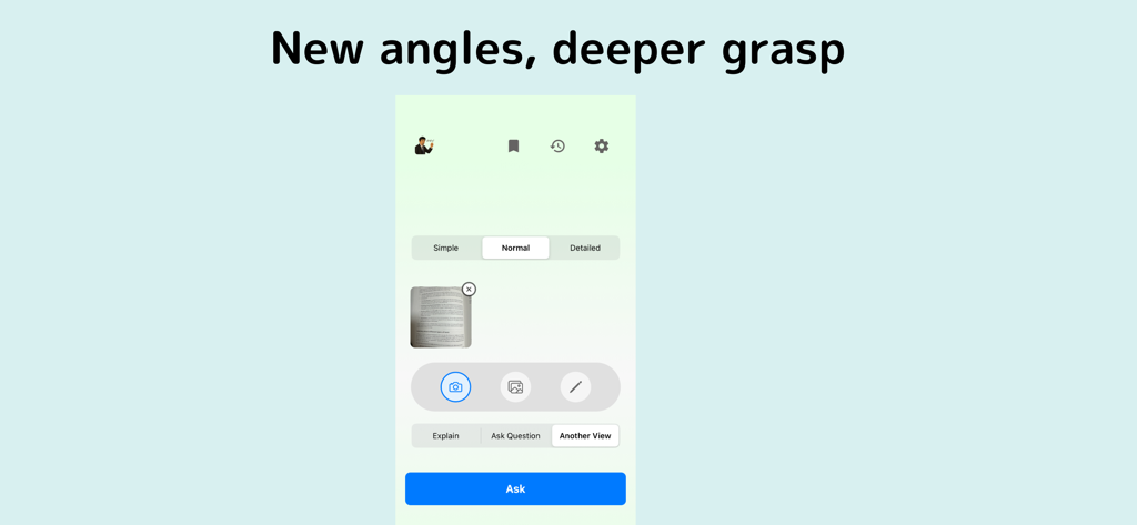 AI Teacher: Scan Text & Quiz - Interfaz de la aplicación Profesor IA mostrando niveles de explicación simple, normal y detallada con una opción para otra vista