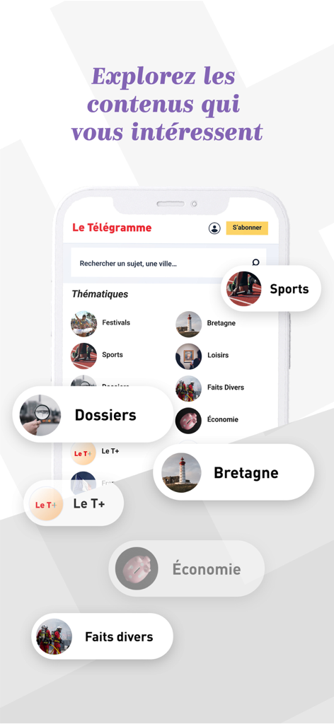 Interface showing news categories like Sports and Bretagne in Le Telegramme app