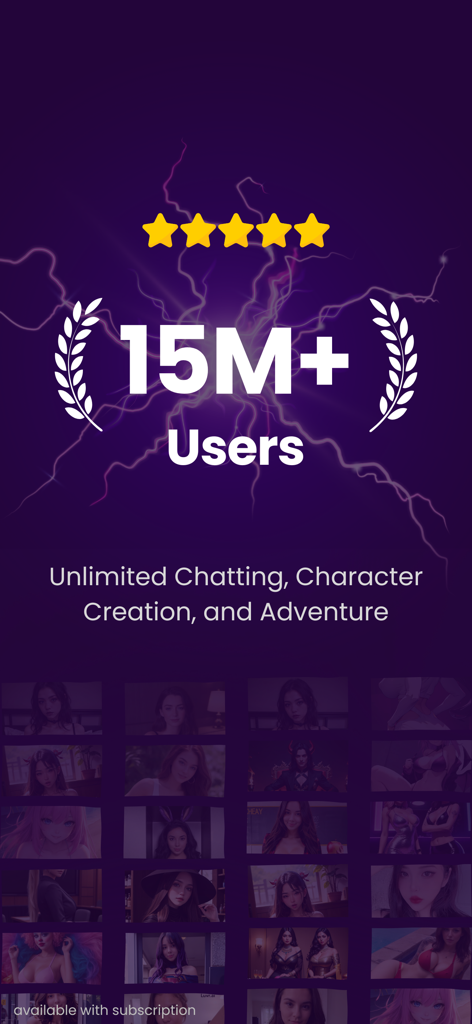 Luvr AI: Create AI Scenarios - Luvr AI app screen displaying over 15 million users and character selection grid