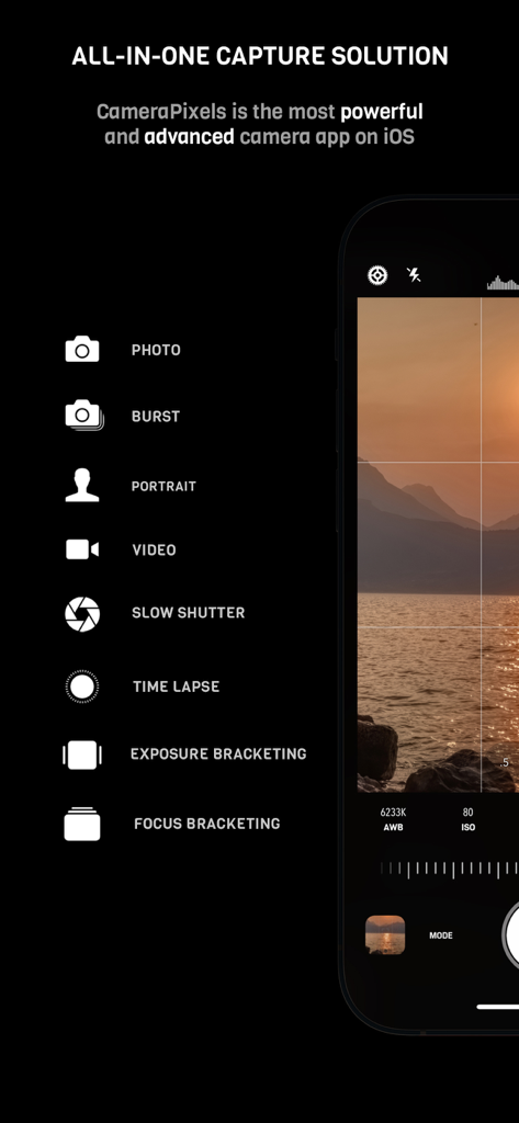 CameraPixels PRO - CameraPixels PRO interface showing manual camera modes like focus and exposure bracketing