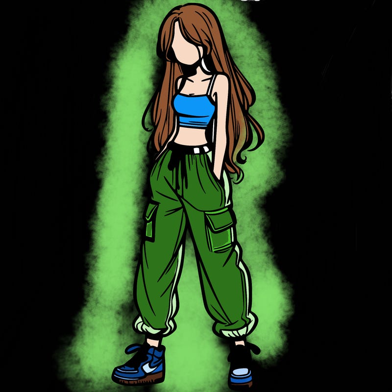 girl in baggy pants crop top and long hair