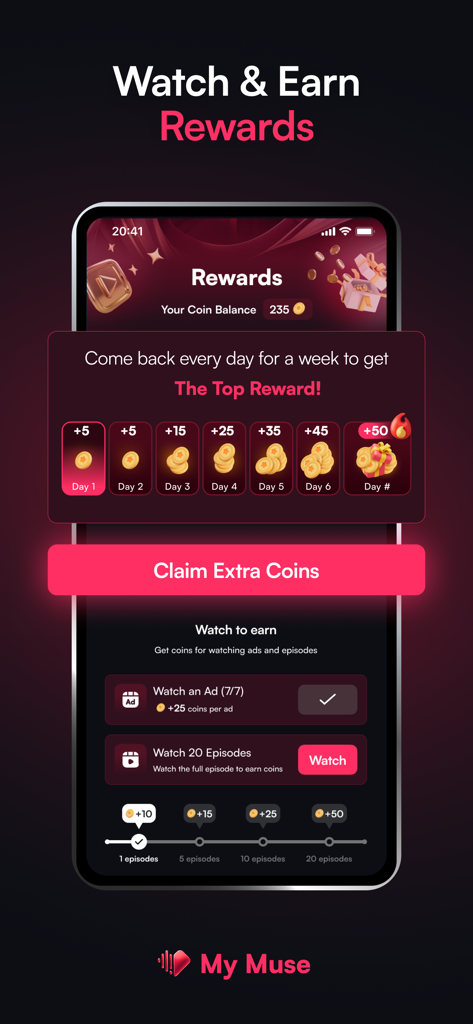 My Muse: Stream Short Series - My Muse app interface showing daily login rewards and options to earn coins by watching episodes