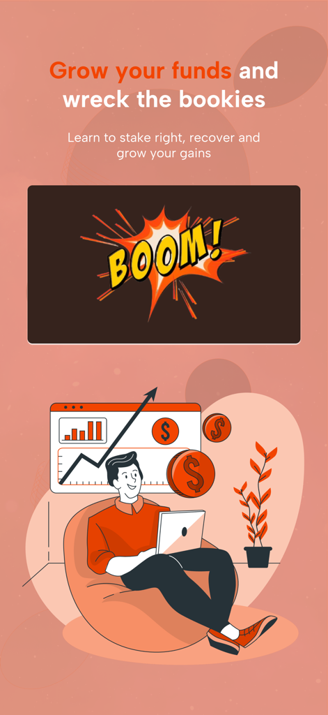 Illustration of a user growing their betting funds on the BetCode app with a boom graphic and upward growth chart.