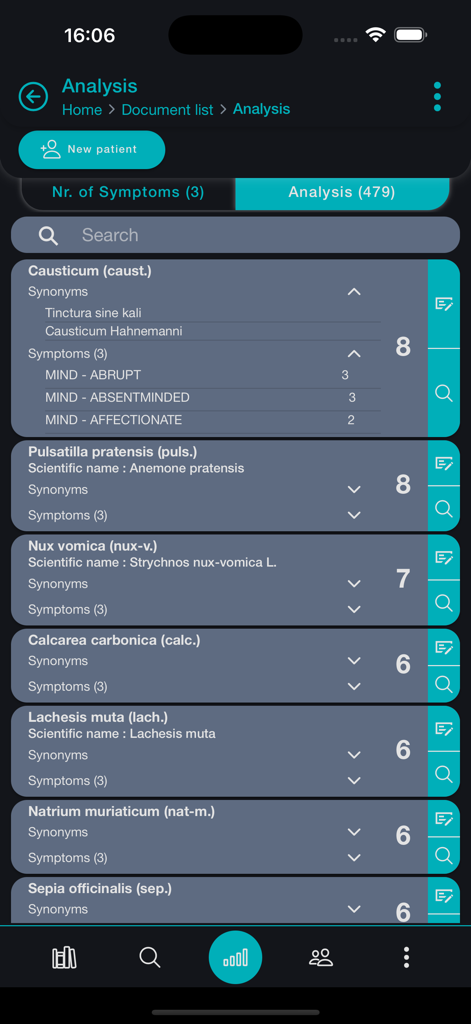 OpusGo - OpusGo app showing a list of homeopathic remedies and symptom analysis in a clinical setting.