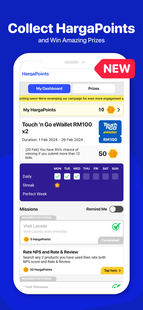 Hargapedia app dashboard for collecting loyalty points and viewing prize missions