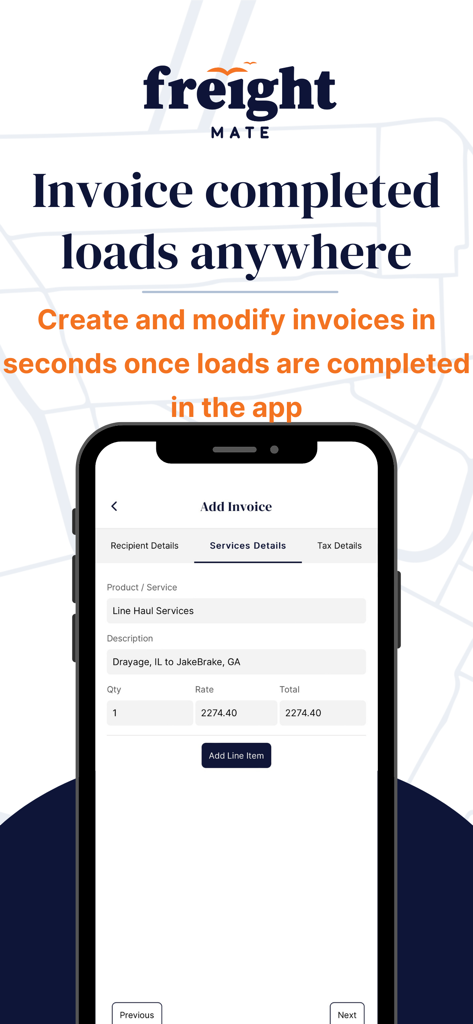 Freight Mate - Interface do aplicativo Freight Mate para criar e modificar faturas para cargas de frete concluídas em um dispositivo móvel.