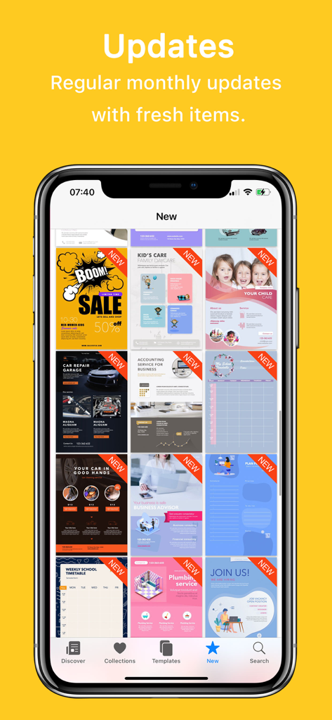 Schermata di un'app mobile che mostra una varietà di nuovi modelli di documenti per Google Documenti con un'intestazione che menziona aggiornamenti mensili regolari.