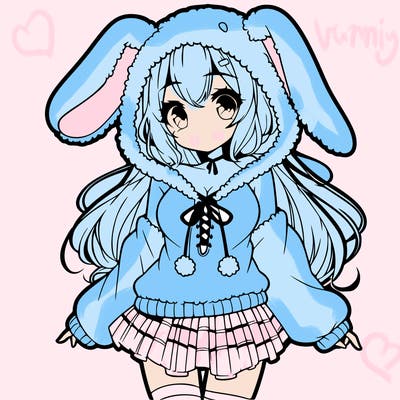 pretty anime girl wearing a fluffy hoodie with bunny ears on the hood and a skirt