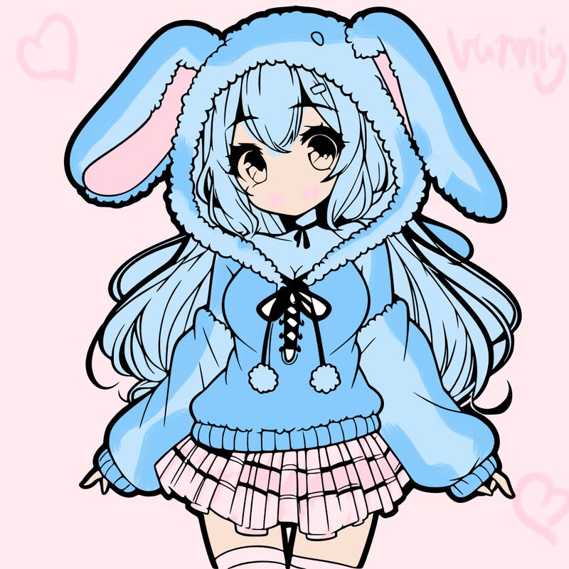 pretty anime girl wearing a fluffy hoodie with bunny ears on the hood and a skirt