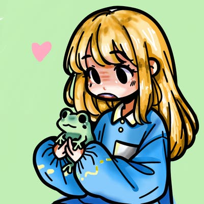 girl with long hair and a oversized shirt. and she is holding a frog