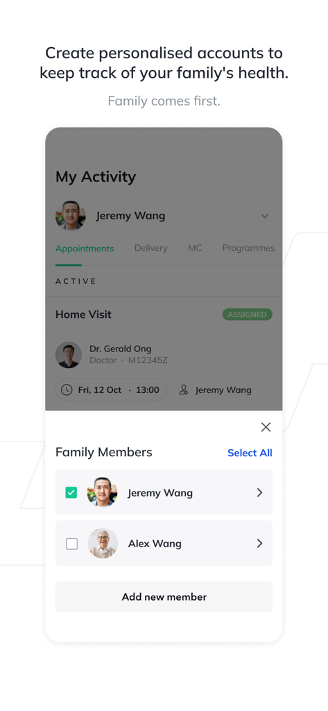 Speedoc: Virtual Hospital - Pantalla de la aplicación Speedoc que muestra la gestión de cuentas de salud familiares personalizadas y el seguimiento de citas