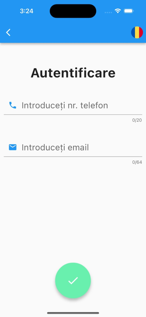 Apartinator.ro - Authentication screen of the Apartinator.ro app featuring phone number and email input fields