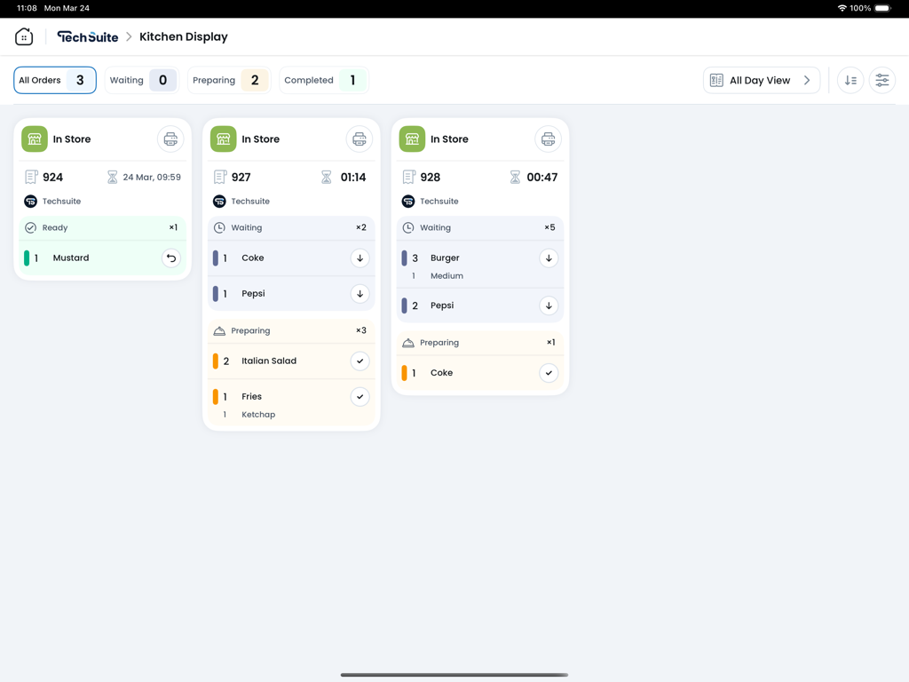 Digital kitchen display screen for TechSuite showing real-time order tracking and preparation status for a restaurant.