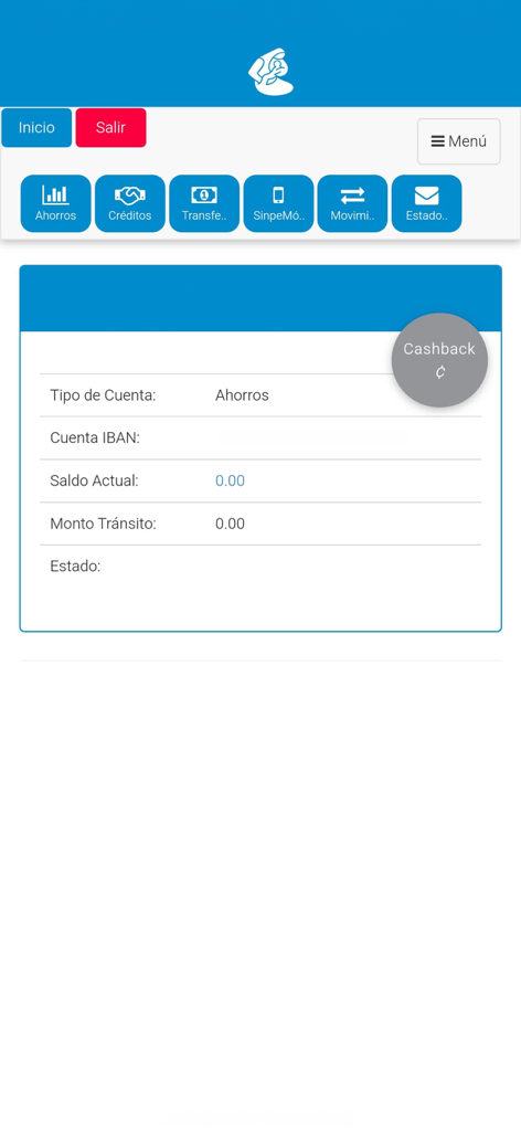 ASECCSS Móvil - ASECCSS Movil app interface displaying savings account balance and financial service menu icons