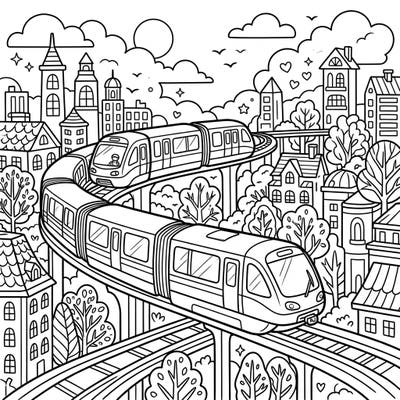 Embark on a high-flying coloring adventure with our delightful monorail train scene! Kids will love bringing this bustling cityscape, complete with elevated trains and charming buildings, to life with their favorite colors.