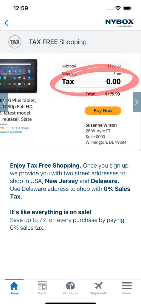 NYBox - NYBox app interface showing tax-free US shopping with a Delaware address and zero percent sales tax