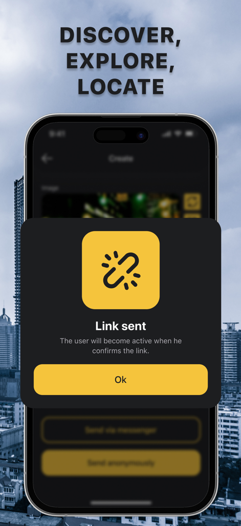 Geo Finder Tracking: GPS Find - Geo Finder app confirmation popup showing that a location sharing link has been sent to a contact
