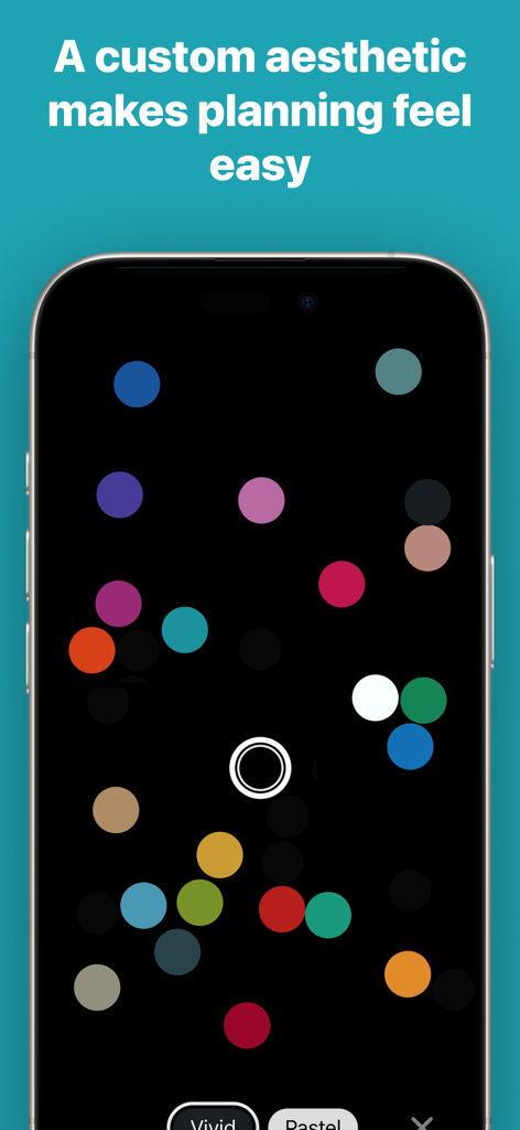 Schermata di personalizzazione del colore dell'app Actions con punti colorati vivaci su un'interfaccia minimalista scura