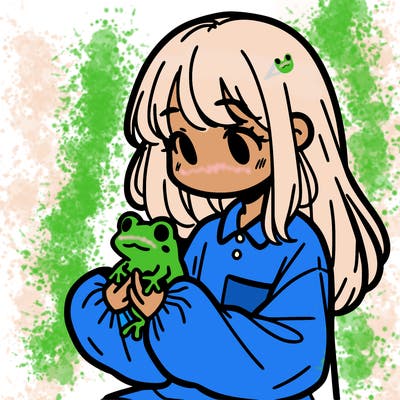 girl with long hair and a oversized shirt. and she is holding a frog