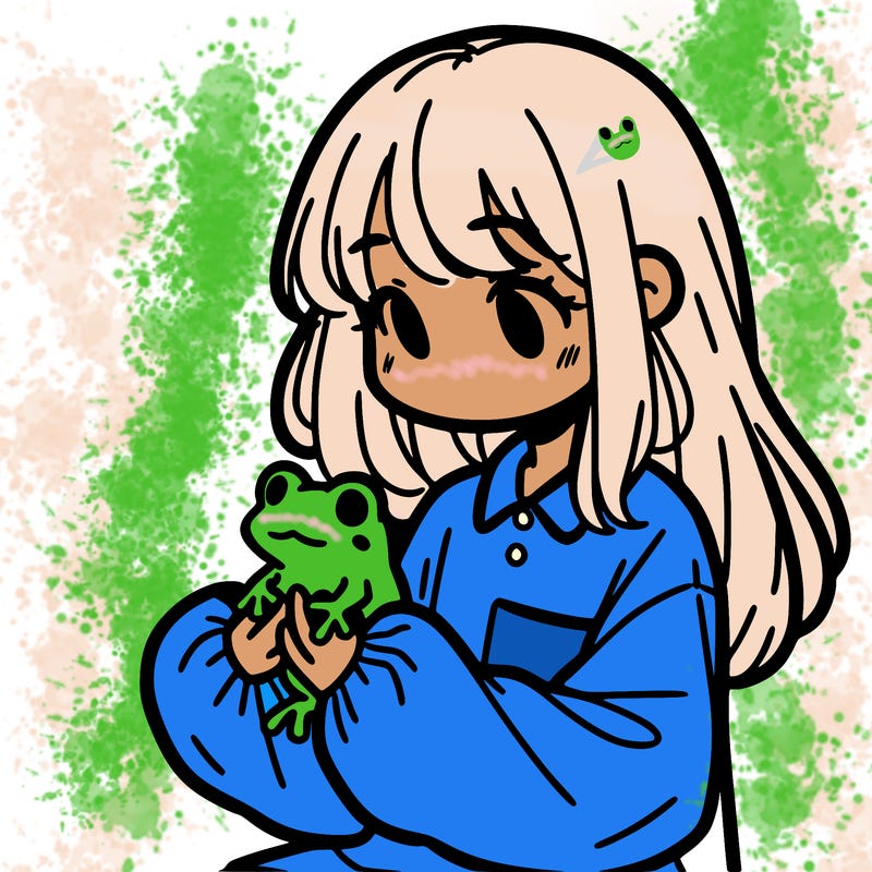girl with long hair and a oversized shirt. and she is holding a frog
