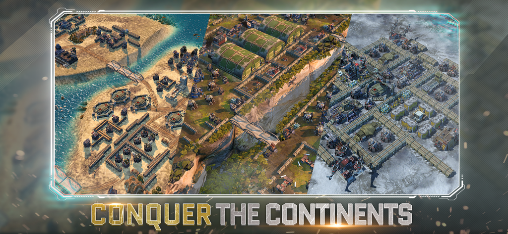 War Commander: Rogue Assault - Split screen view showing three different military base environments in War Commander Rogue Assault with text saying Conquer the Continents