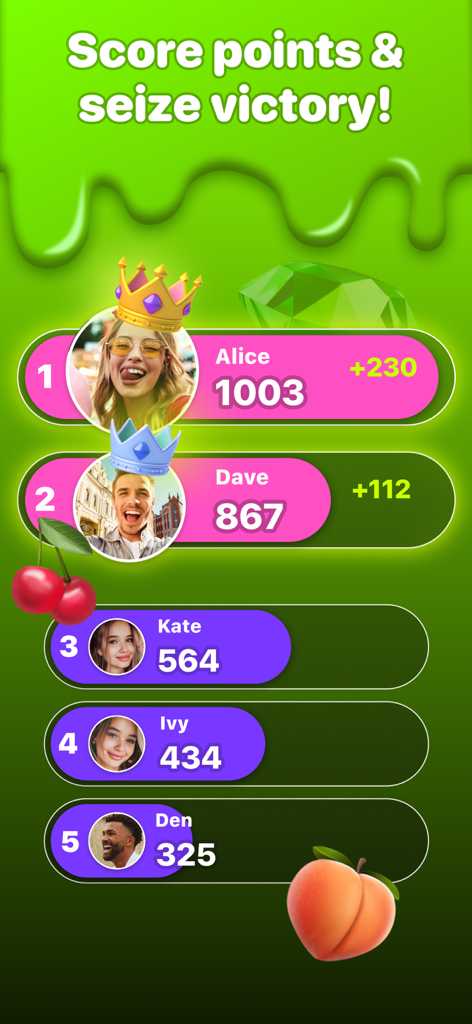 Écran du classement de Party Lab Exposed Game montrant les classements des joueurs et les scores avec des avatars colorés