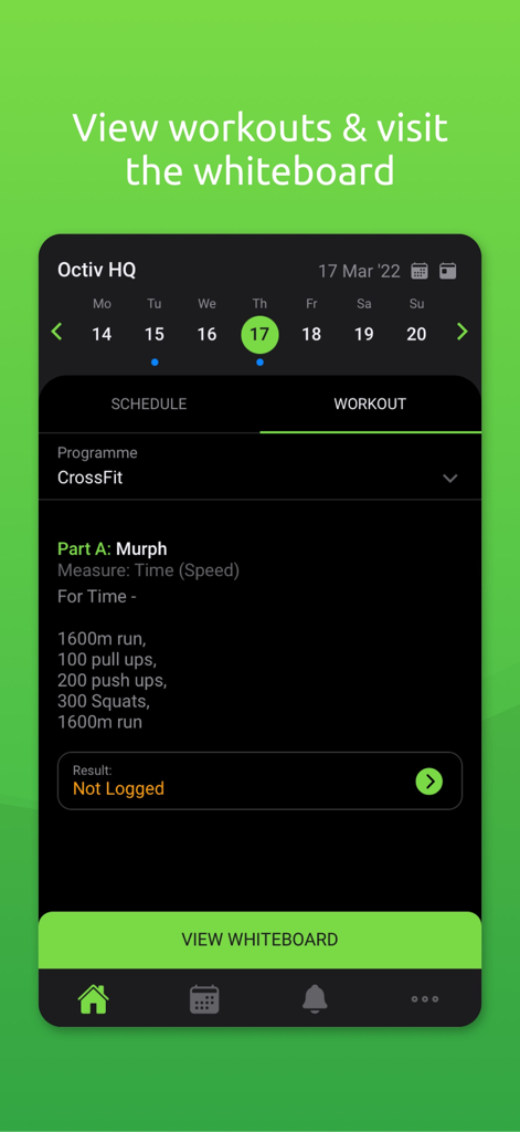 Octiv - La aplicación de fitness Octiv que muestra un resumen del entrenamiento de CrossFit y un botón para ver la pizarra del gimnasio
