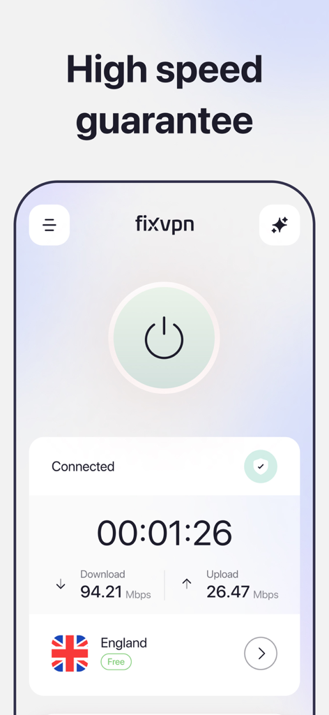 VPN - Best & Fast & Unlimited - FixVPN mobile app interface showing a high-speed connection with real-time download and upload statistics